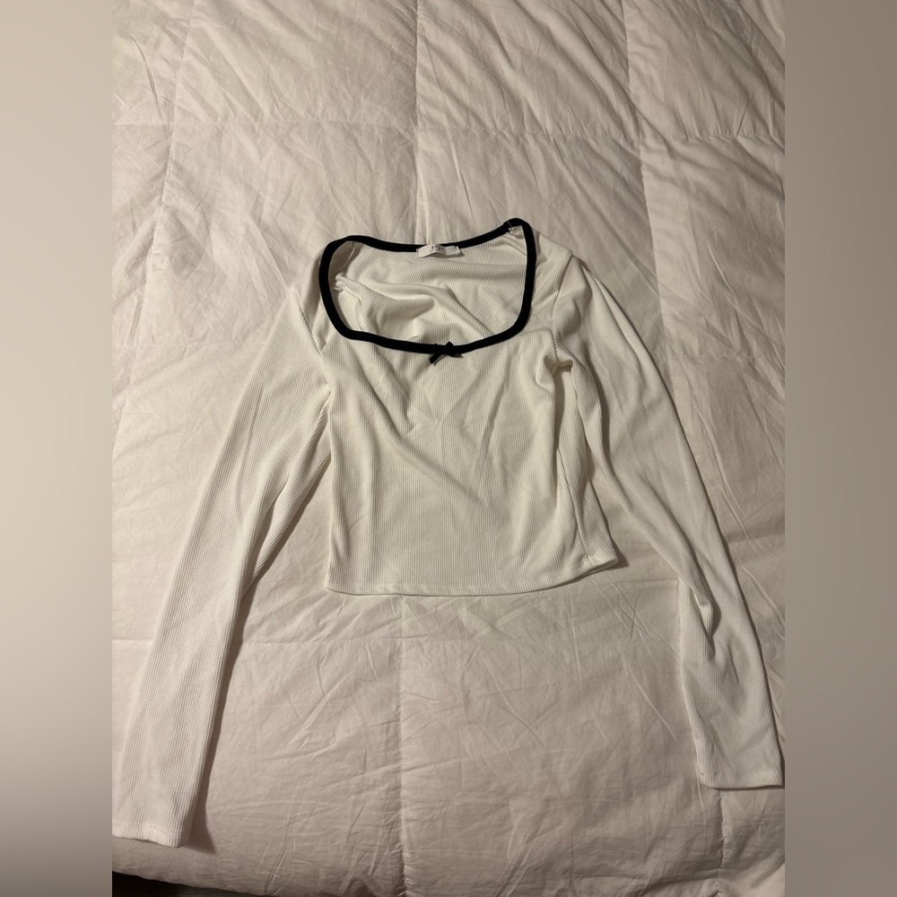 White Ribbed Long Sleeve Coquette Top with Black Trim and Bow